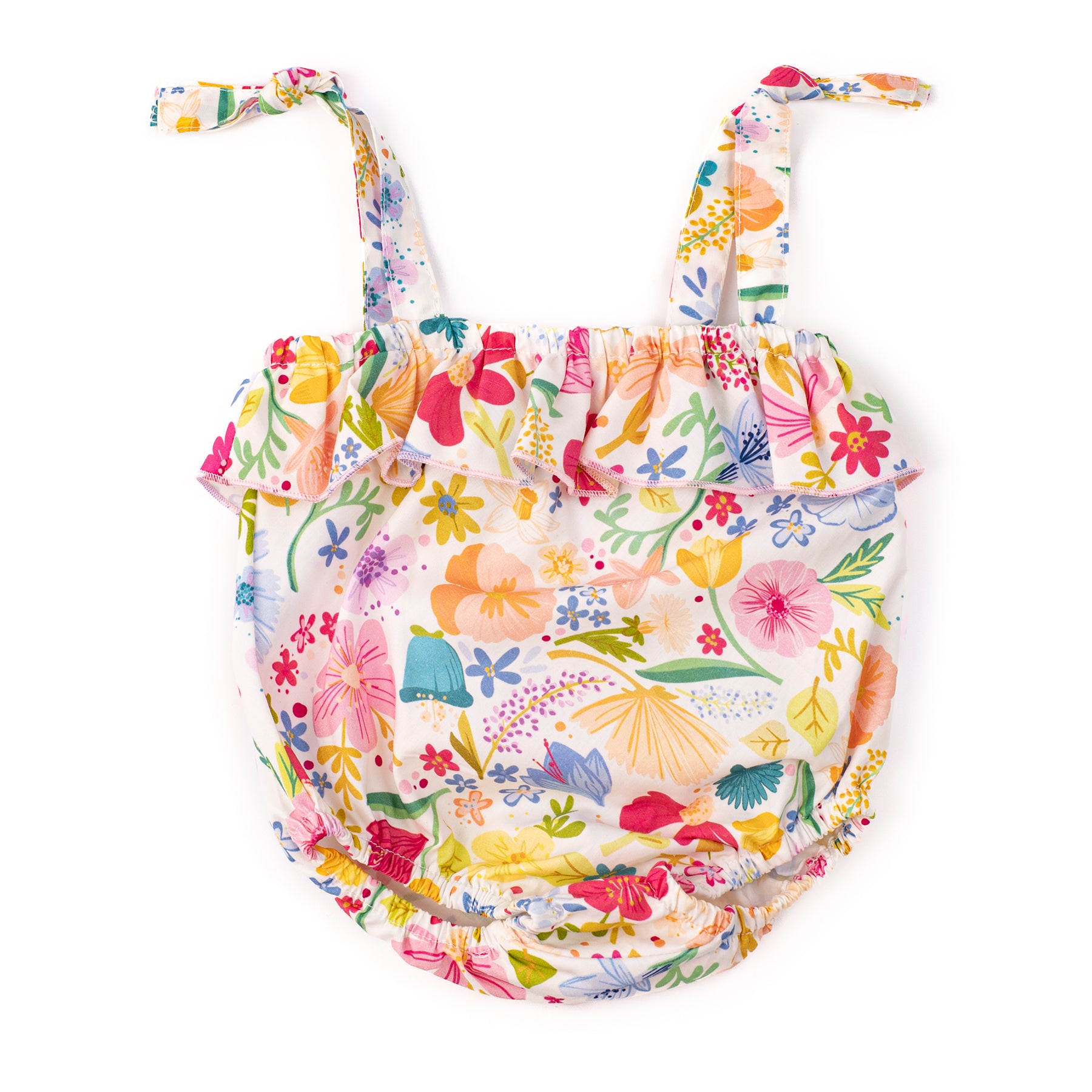 Colorful floral romper on a white background
