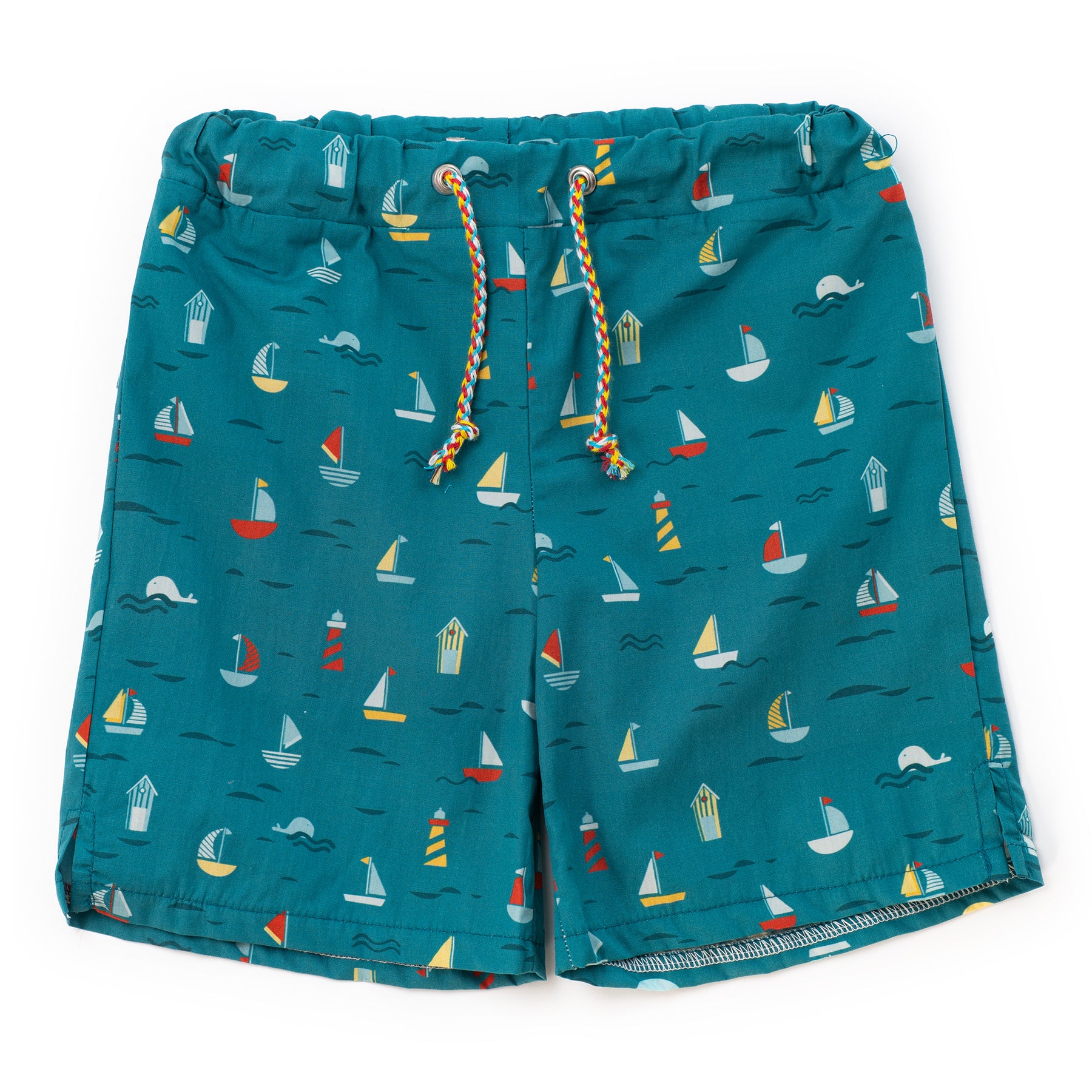 Teal swim shorts with sailboat pattern on a white background