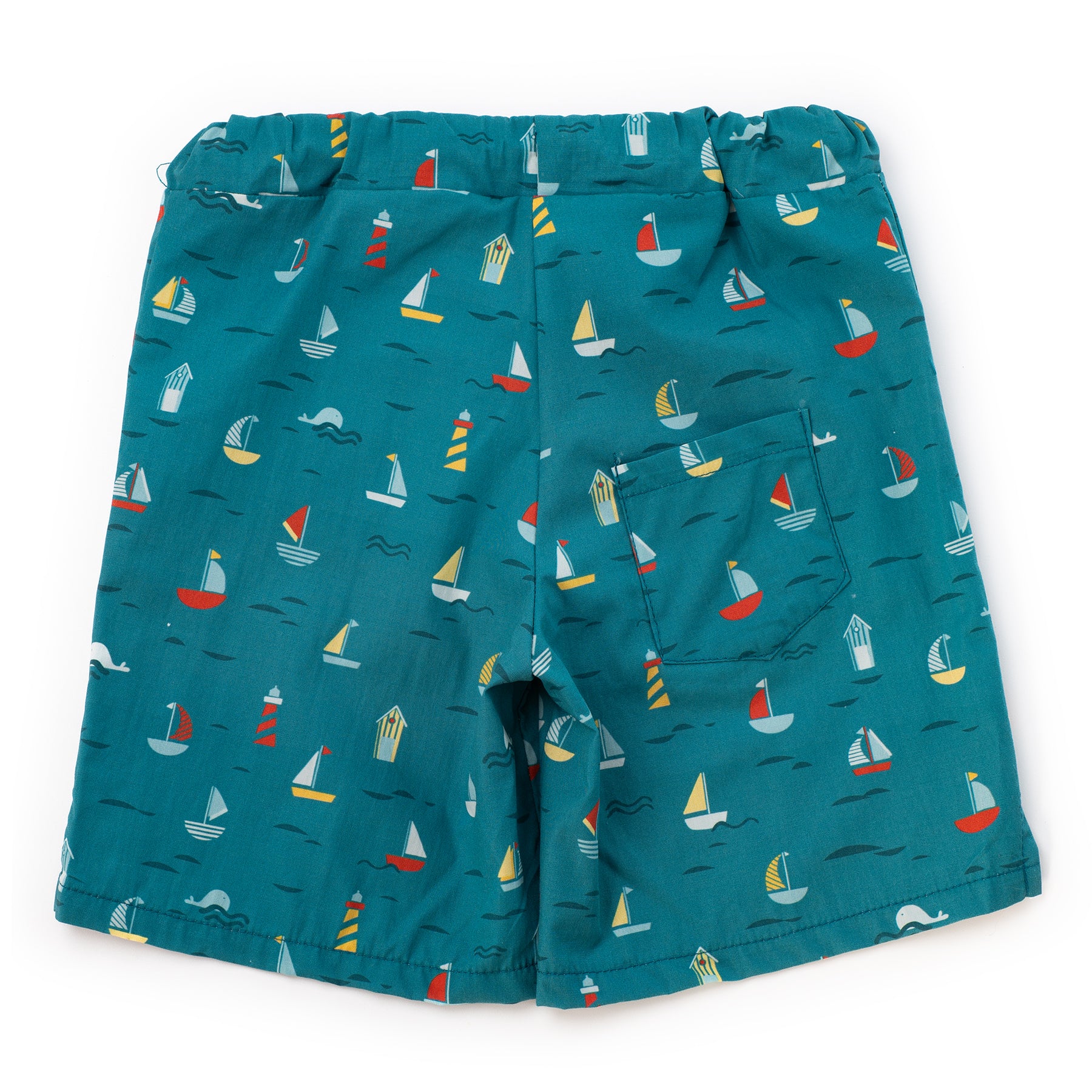 Teal shorts with sailboat pattern on a white background