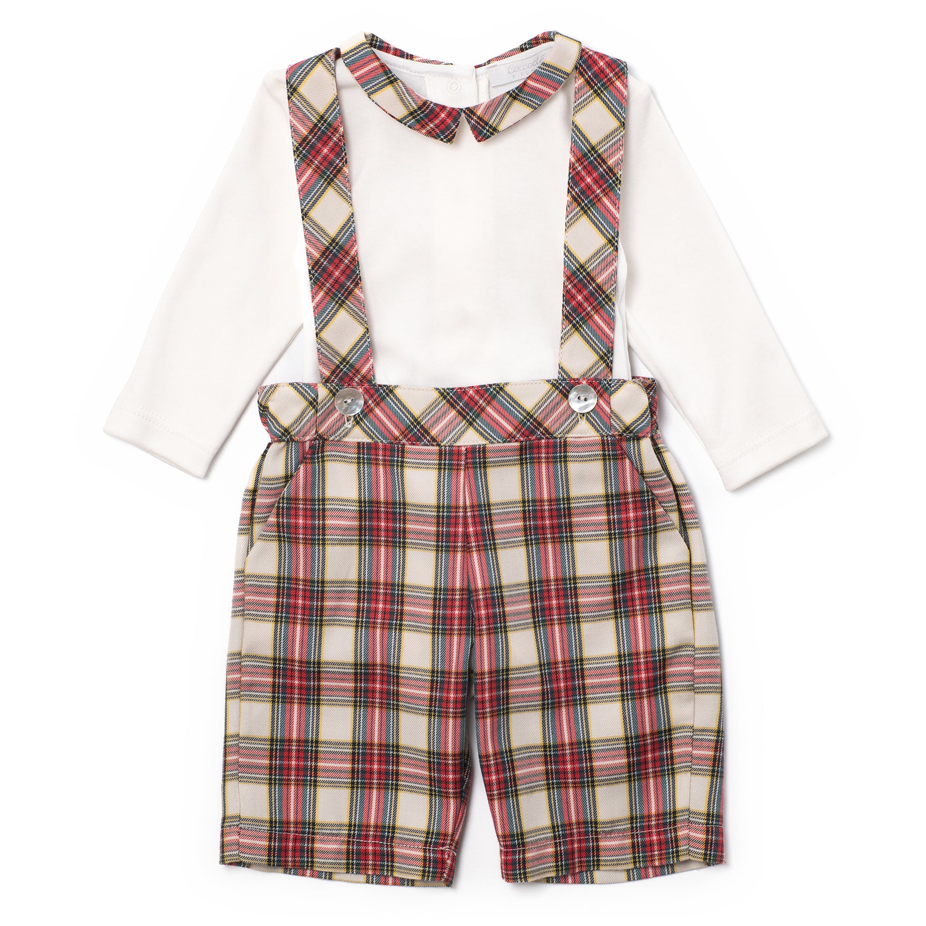 Children's outfit with plaid suspenders and shorts on a white background