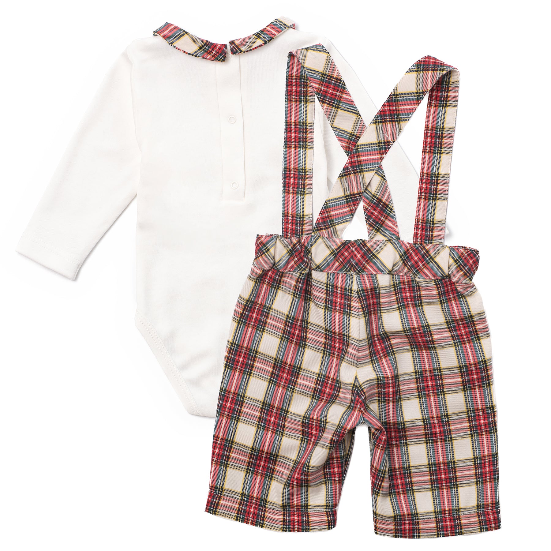 Baby outfit with white long-sleeve shirt and red plaid overalls on a white background