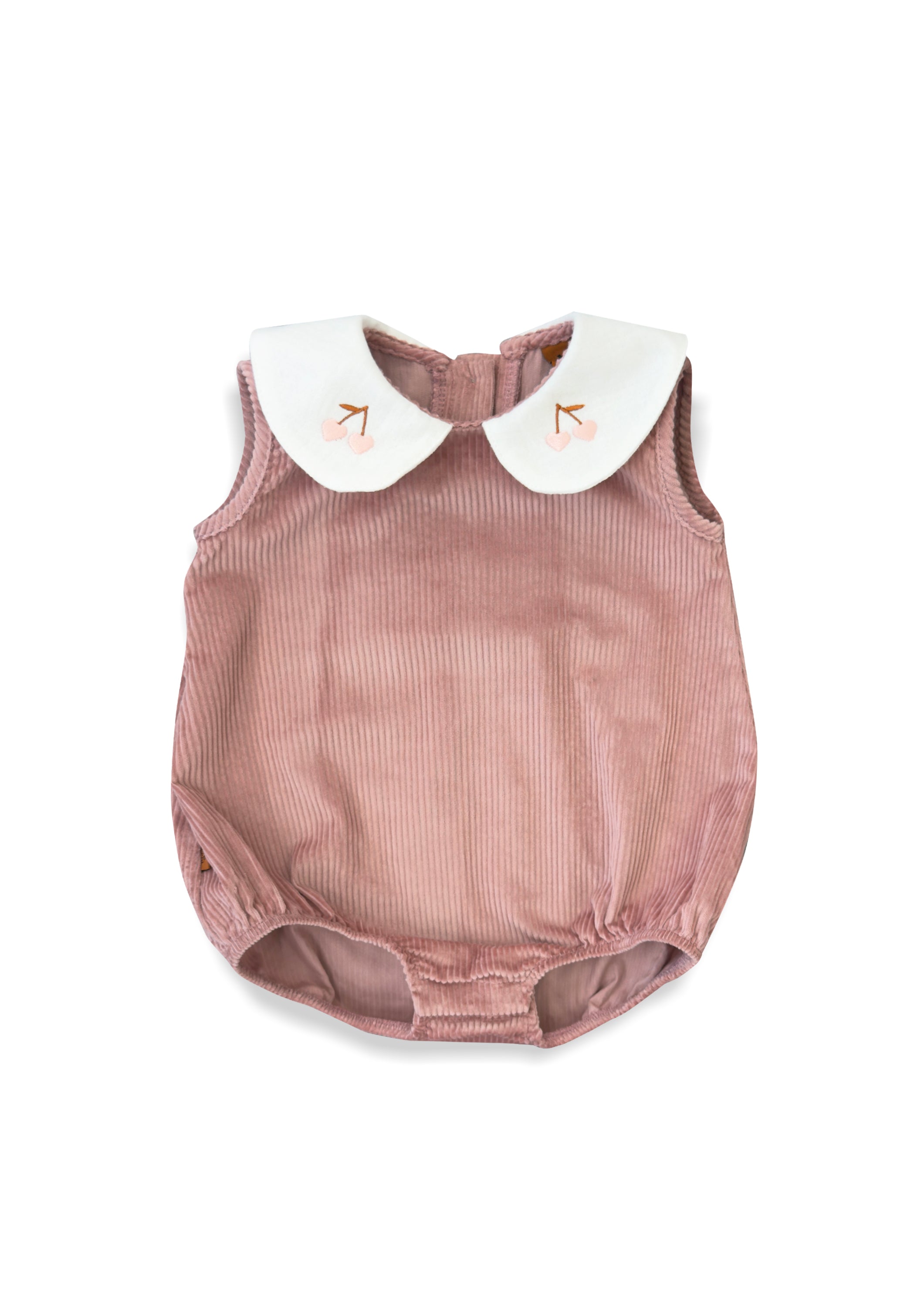 Pink baby romper with a white collar on a white background
