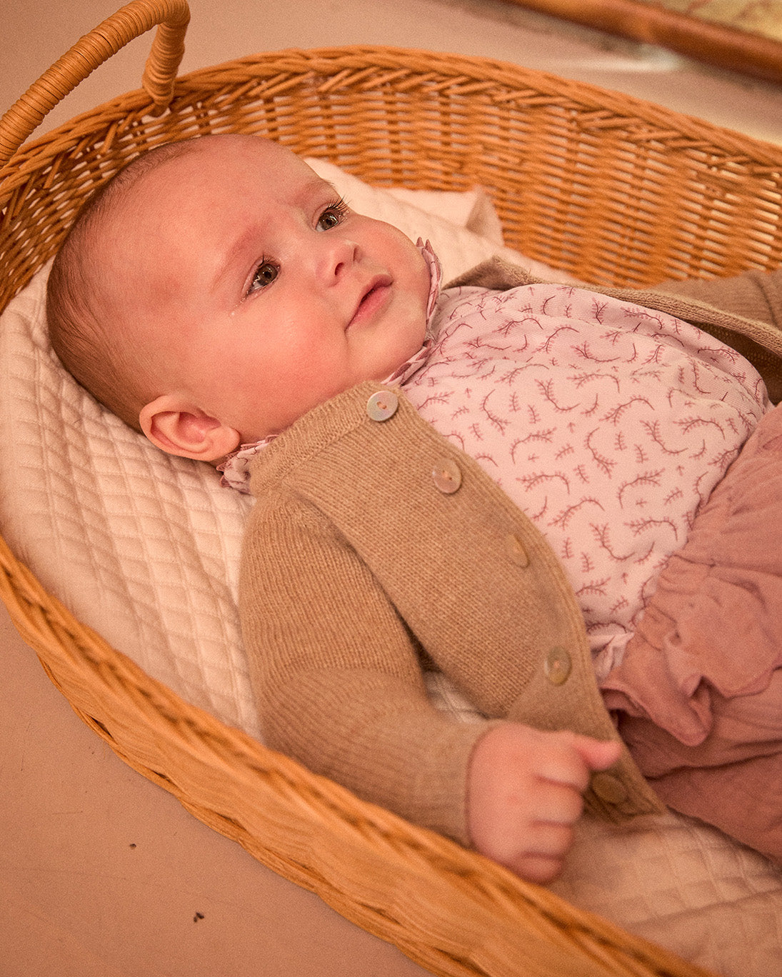 Baby in a wicker basket wearing a brown outfit and pink patterned blanket.