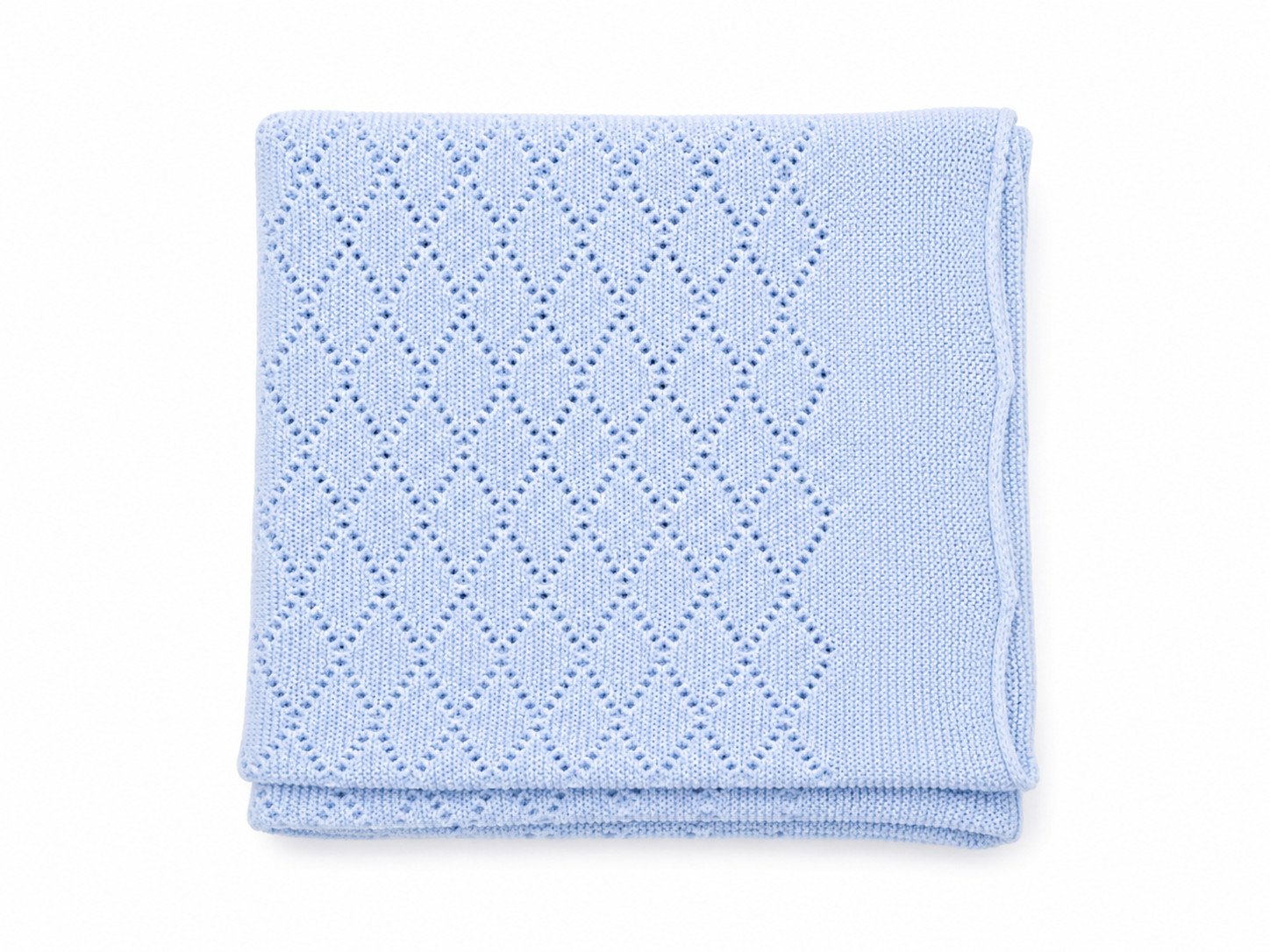 Folded light blue knitted blanket on a white background