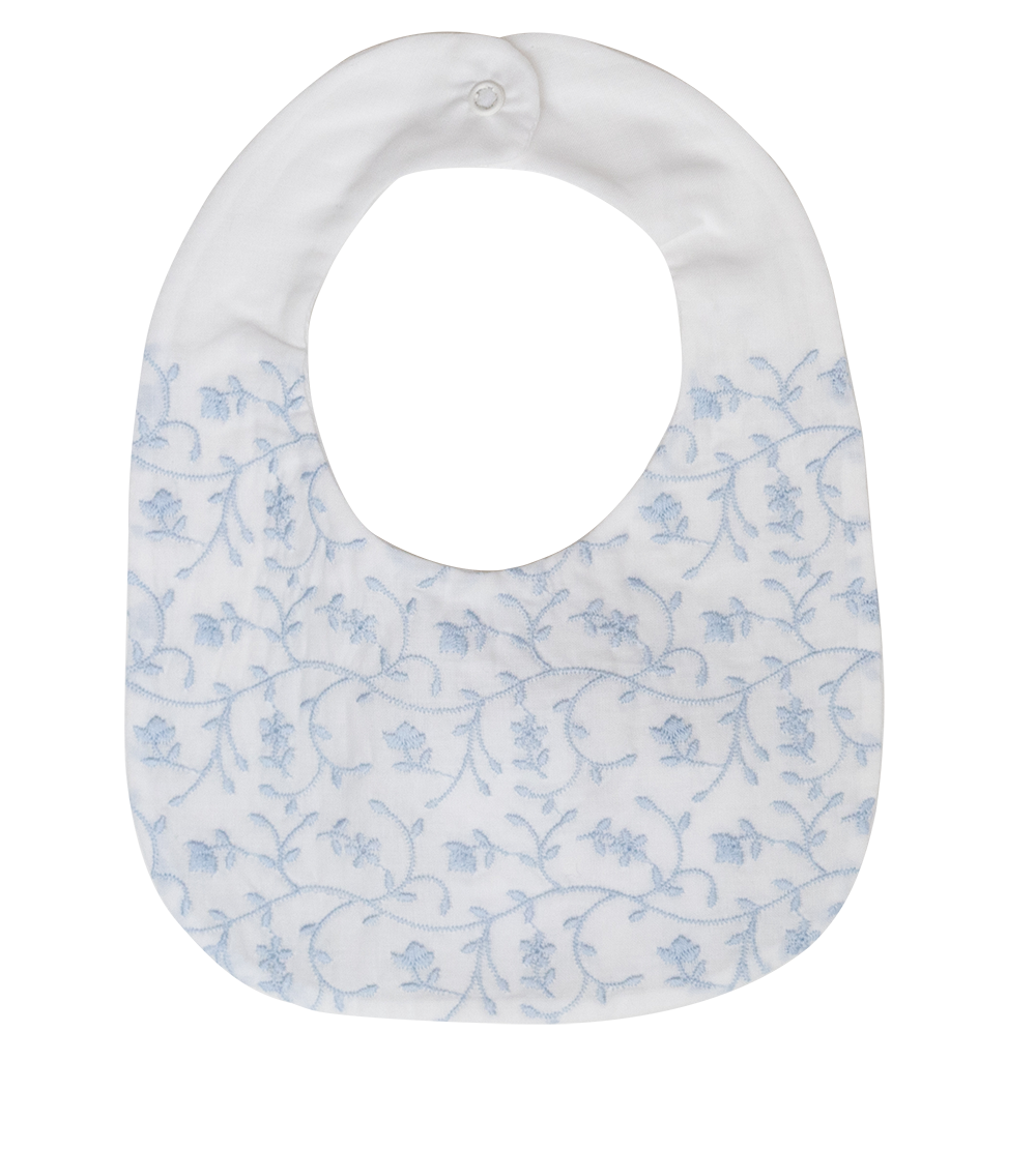 White baby bib with blue floral pattern on a white background