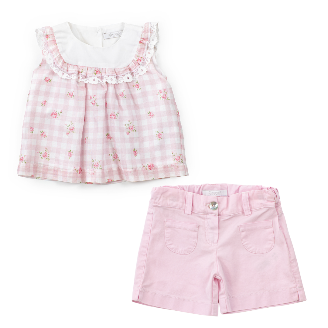 Children's outfit with pink floral top and shorts on a white background