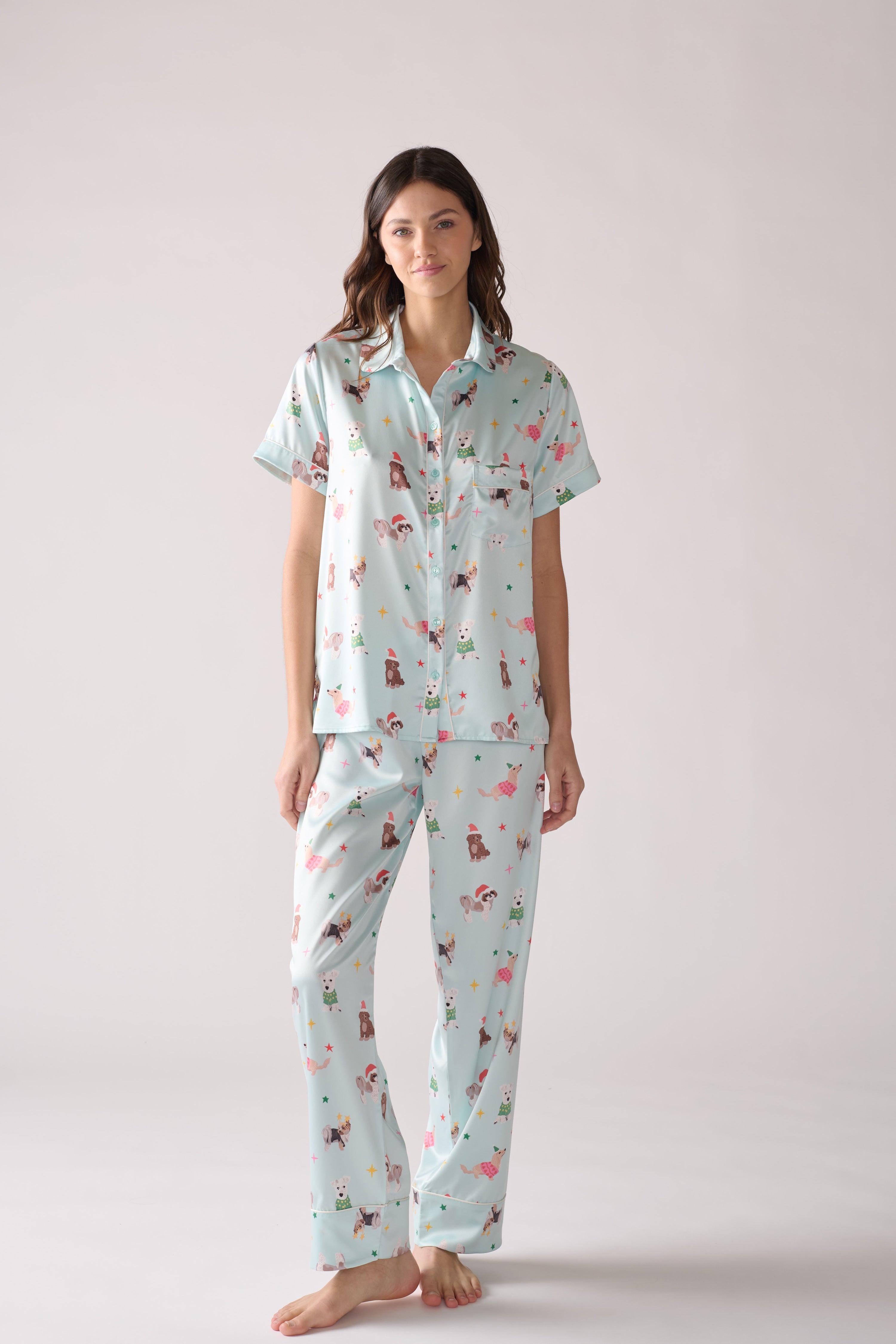 Women's Woofmas Pajama Set- Silk Shirt & Pants