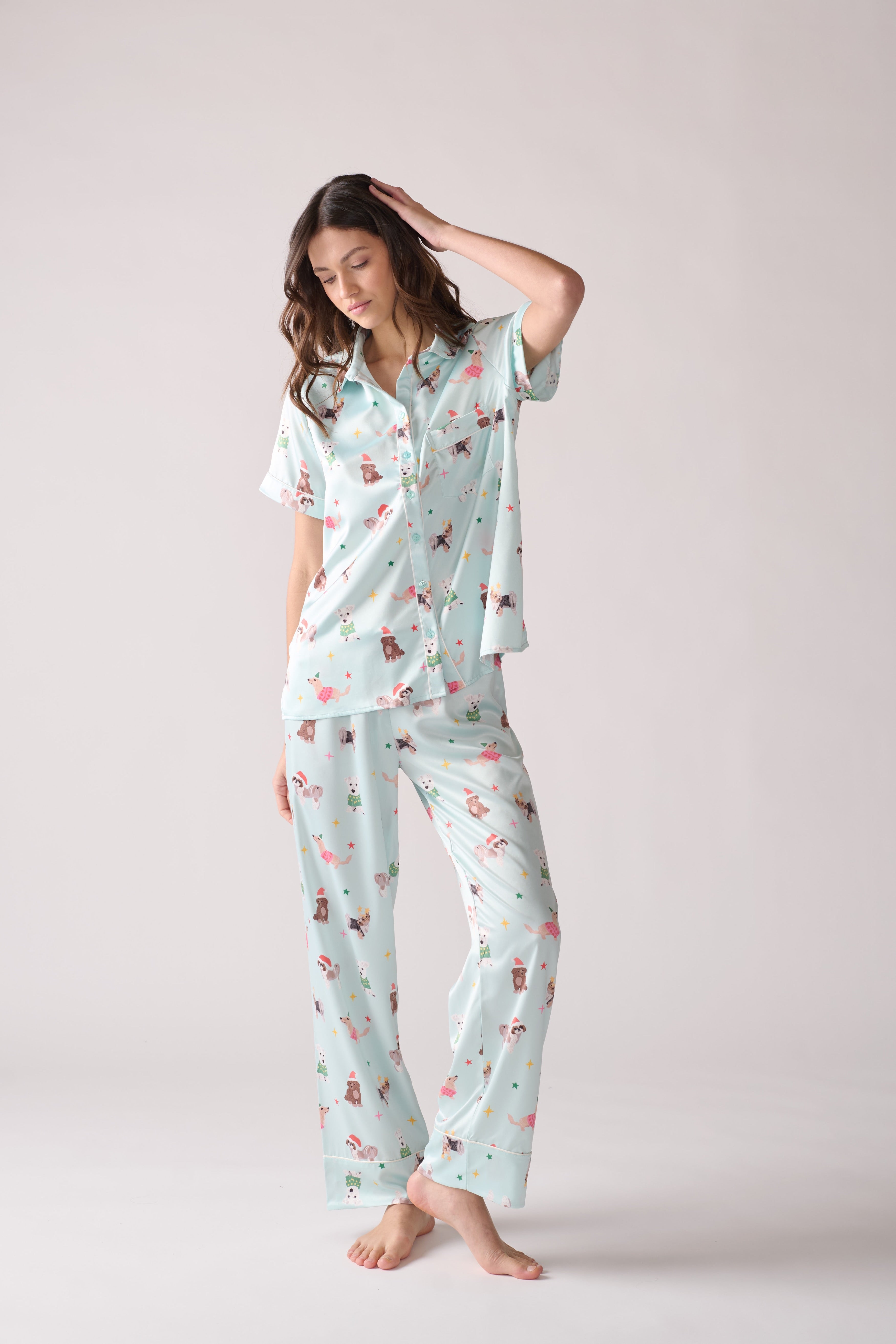 Women's Woofmas Pajama Set- Silk Shirt & Pants