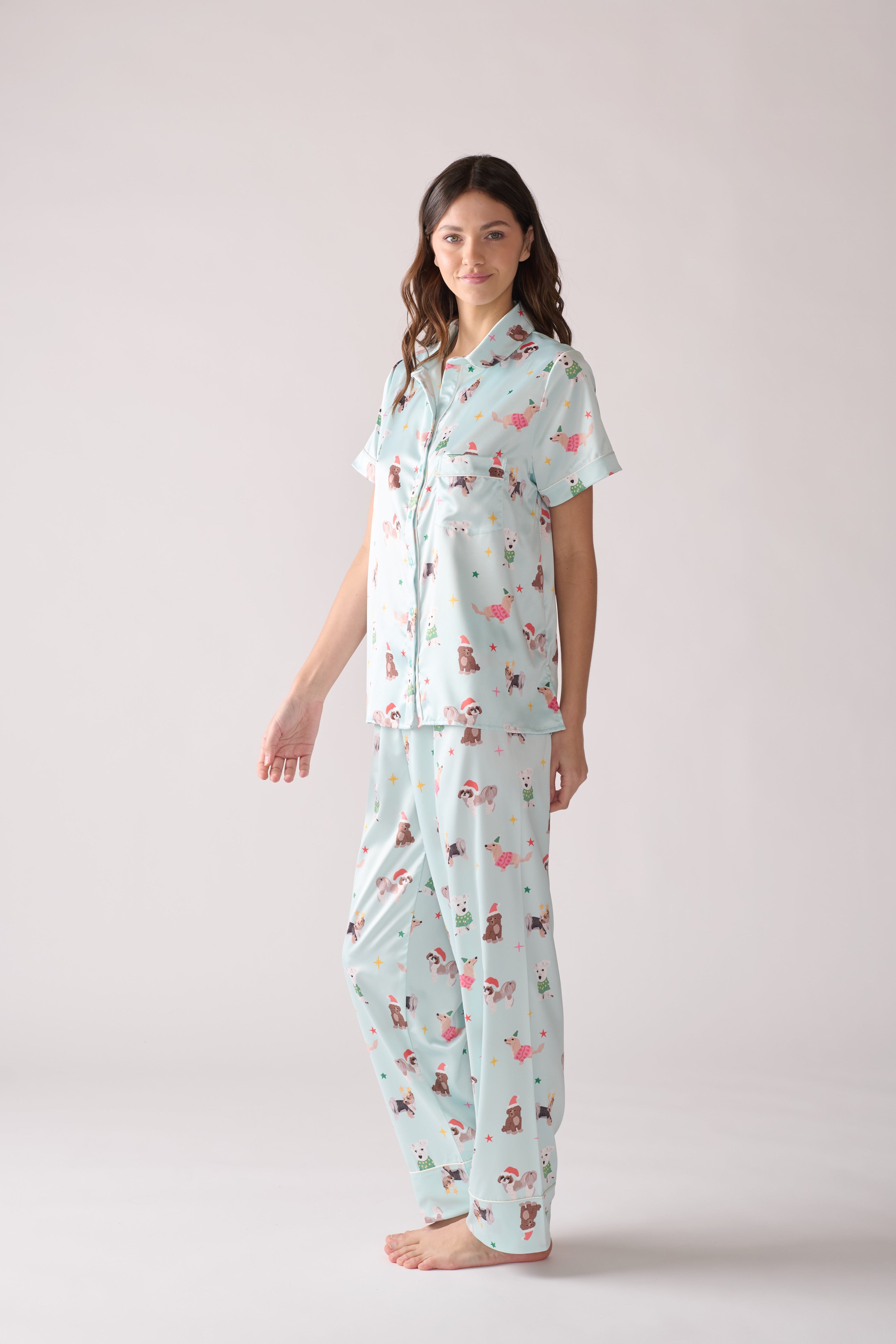 Women's Woofmas Pajama Set- Silk Shirt & Pants