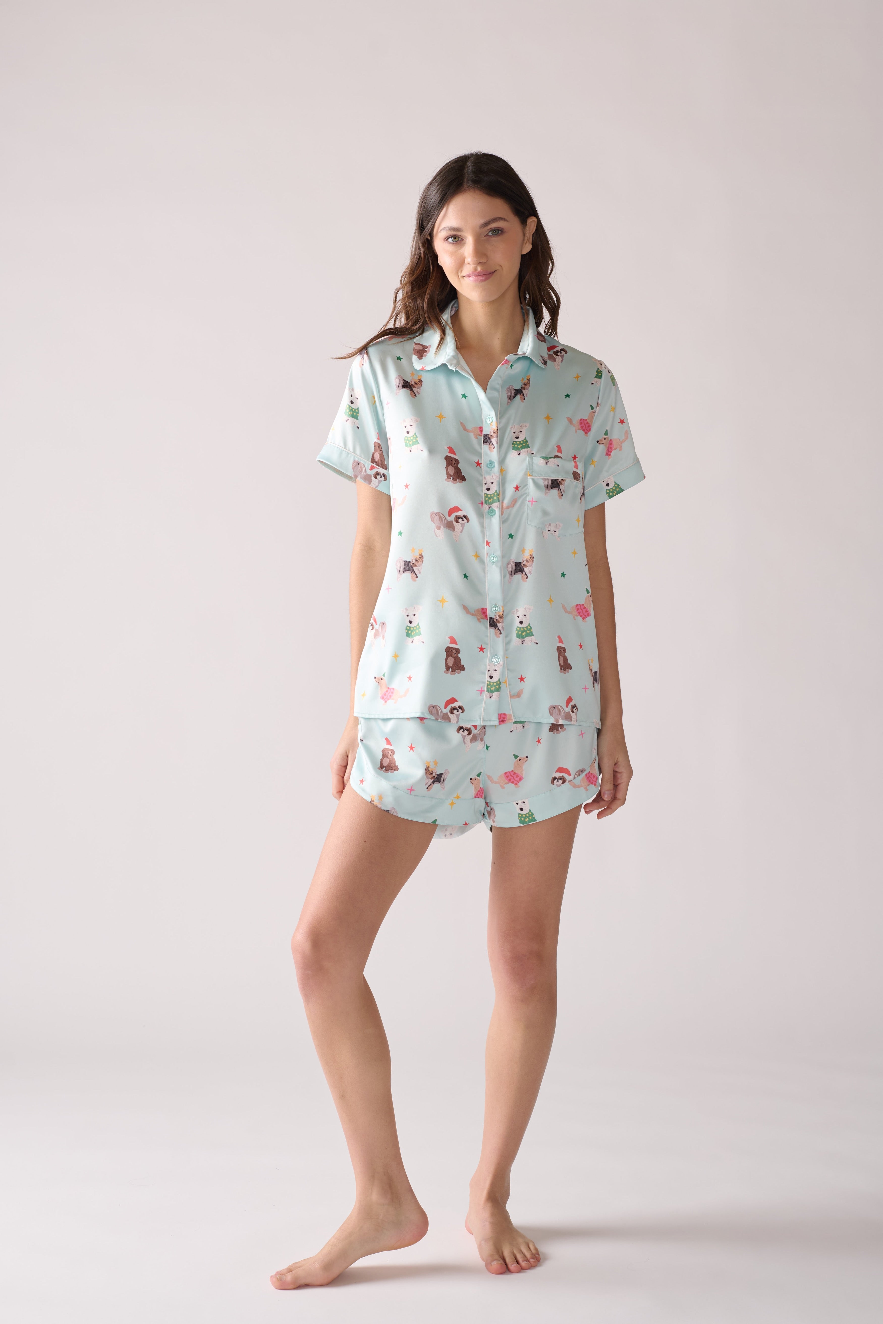Women’s Woofmas Pajama Set – Silk Shirt & Shorts