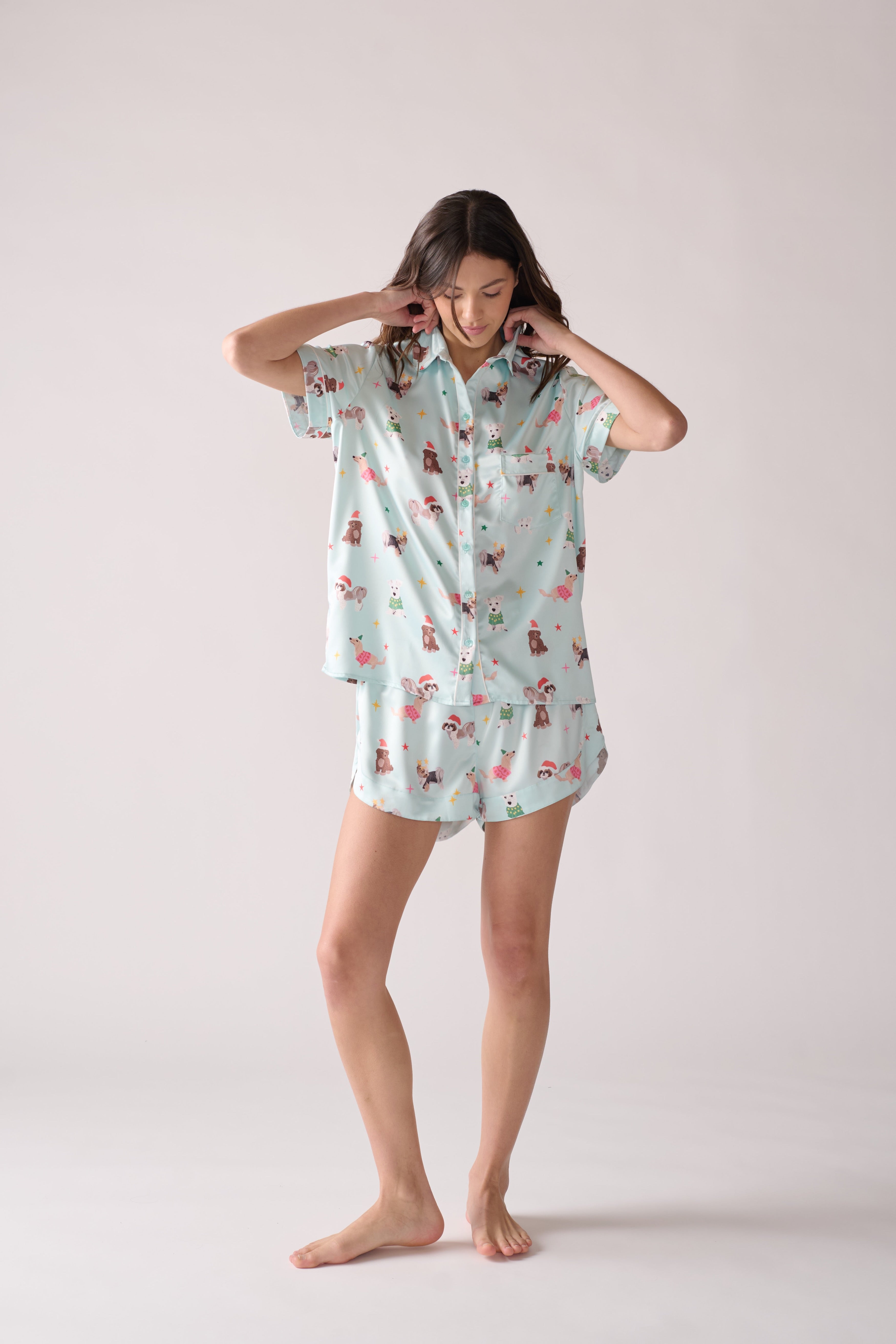 Women’s Woofmas Pajama Set – Silk Shirt & Shorts