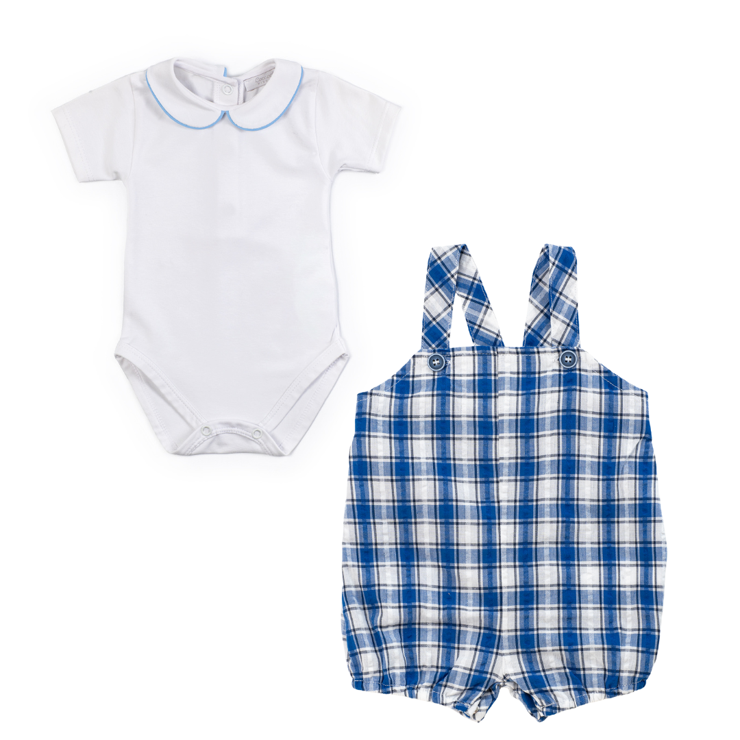 White baby bodysuit with blue trim and blue plaid romper on a white background