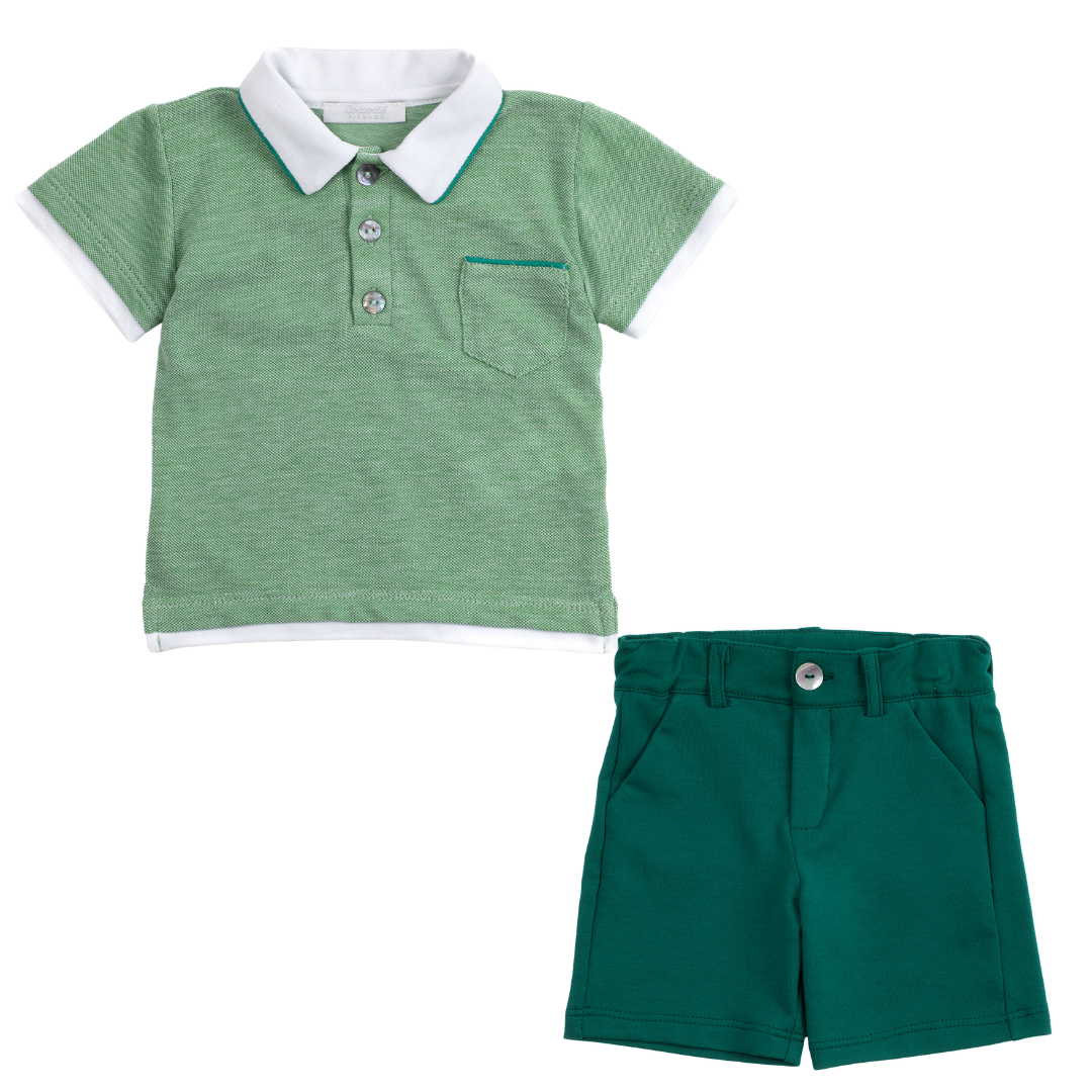 Green polo shirt and shorts set on a white background