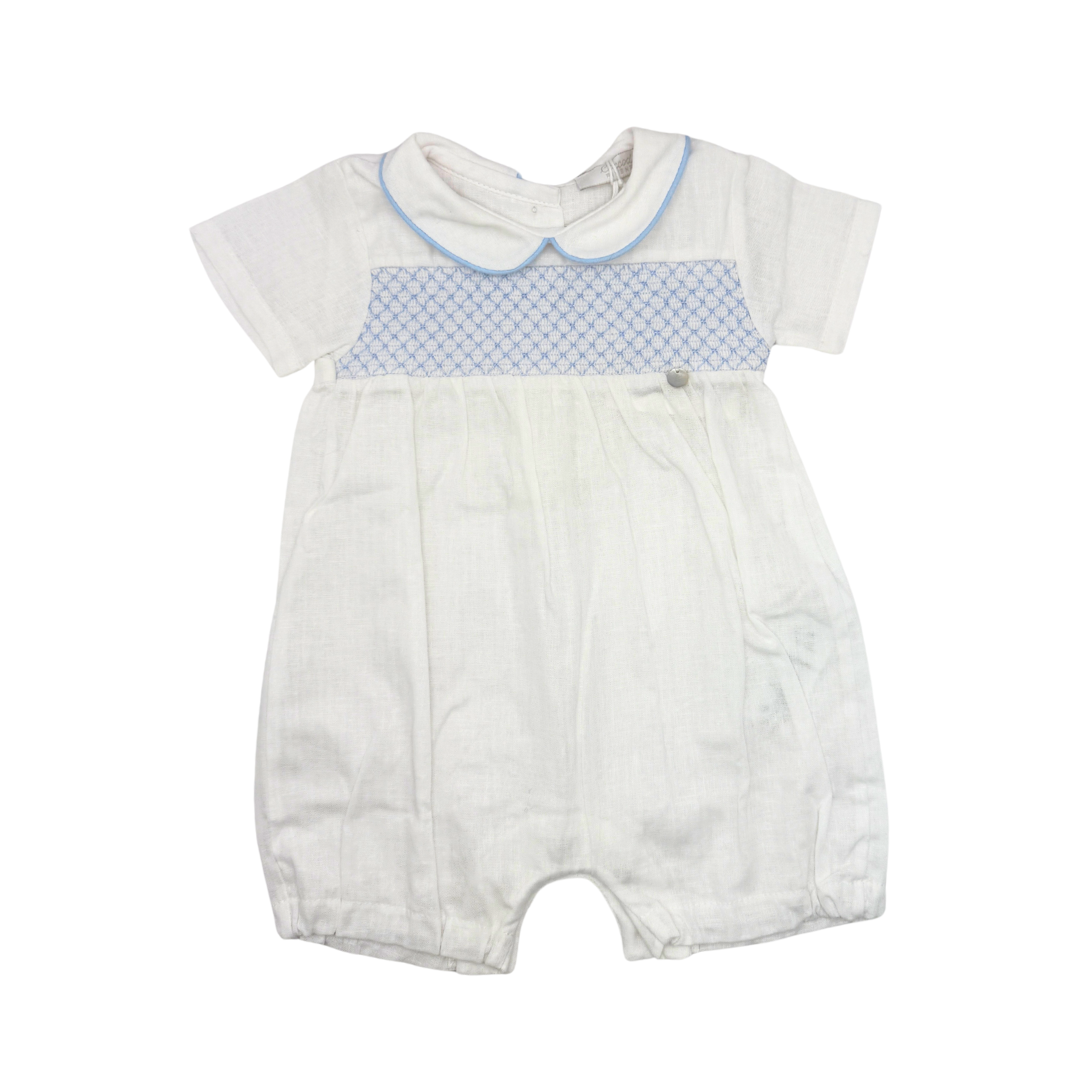 White baby romper with blue accents on a white background