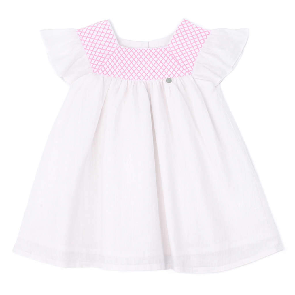 White dress with pink smock neckline on a white background by coccode