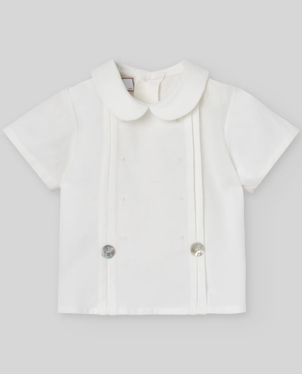 White short-sleeve shirt with collar and buttons on a light gray background