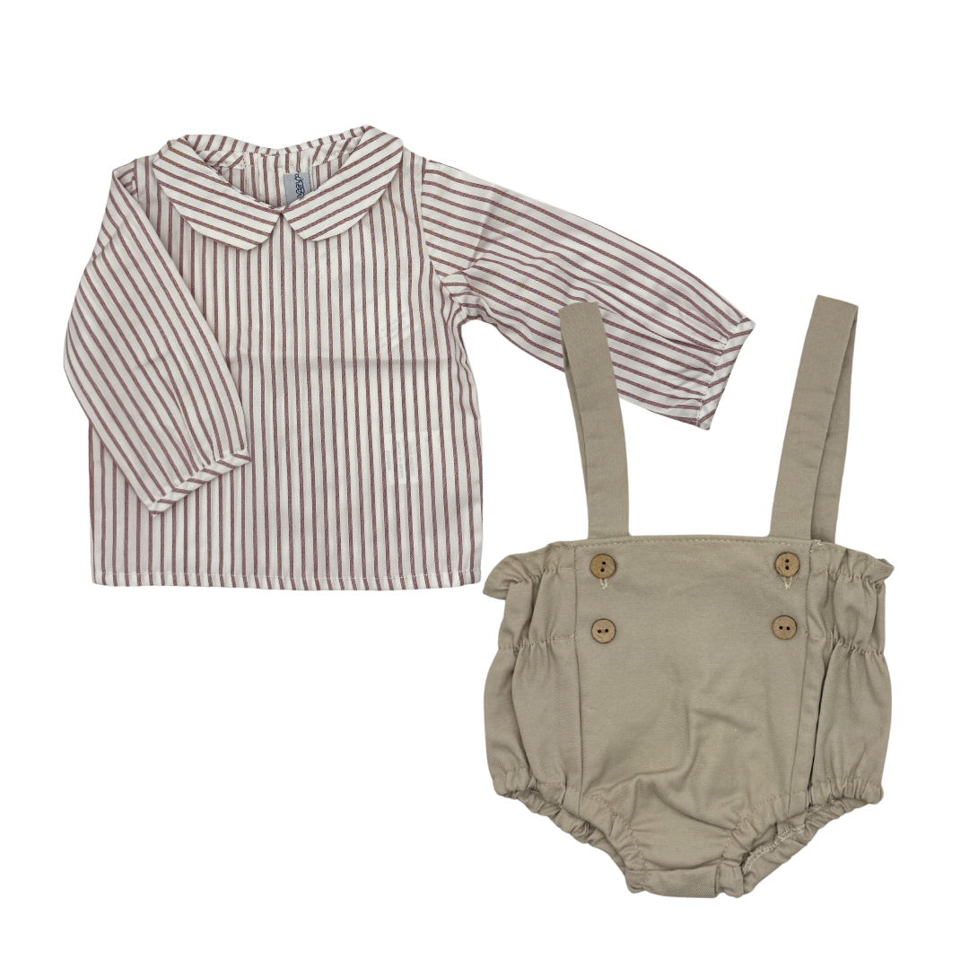 Striped shirt and beige bloomers with suspenders on a white background